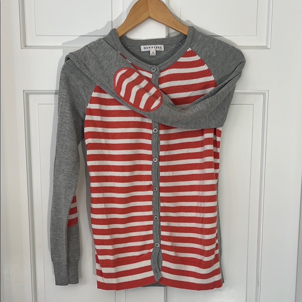 DownEast striped salmon & gray button-up sweater